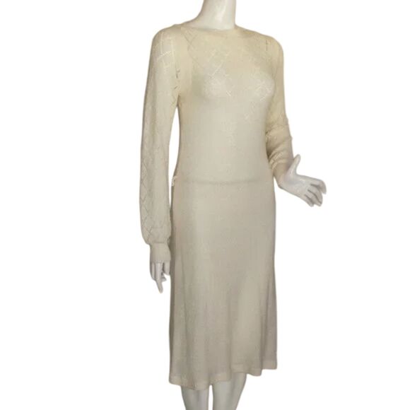 Vintage Knit Midi Dress, S, Ivory Acrylic, Long sleeves, Pointelle, 70s - Picture 3 of 13